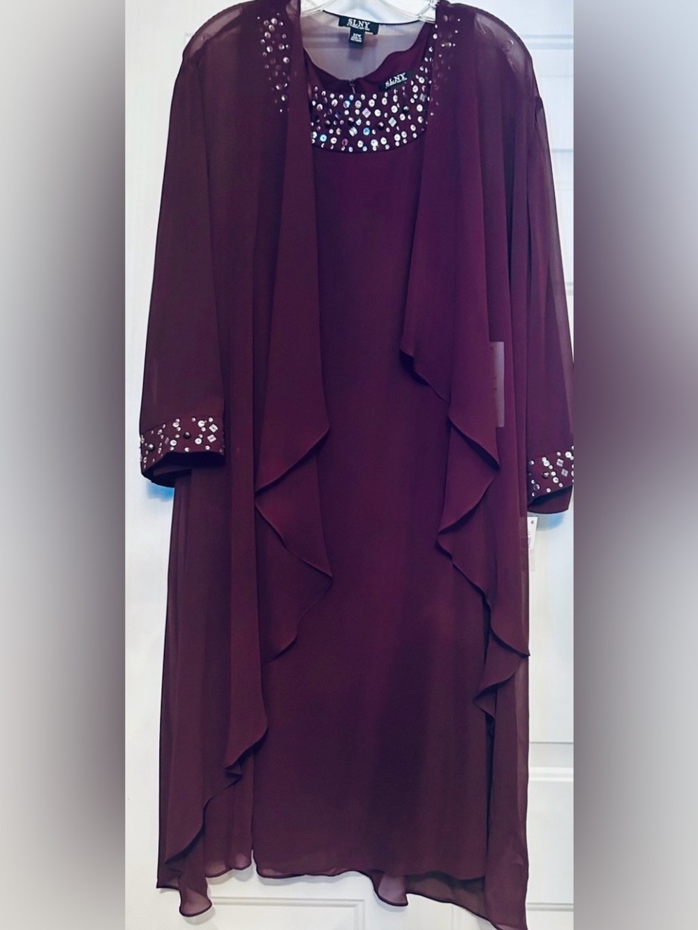 SLNY Long Sleeve Evening Dress Purple 22W NWT Sheer Jacket Sequins Formal